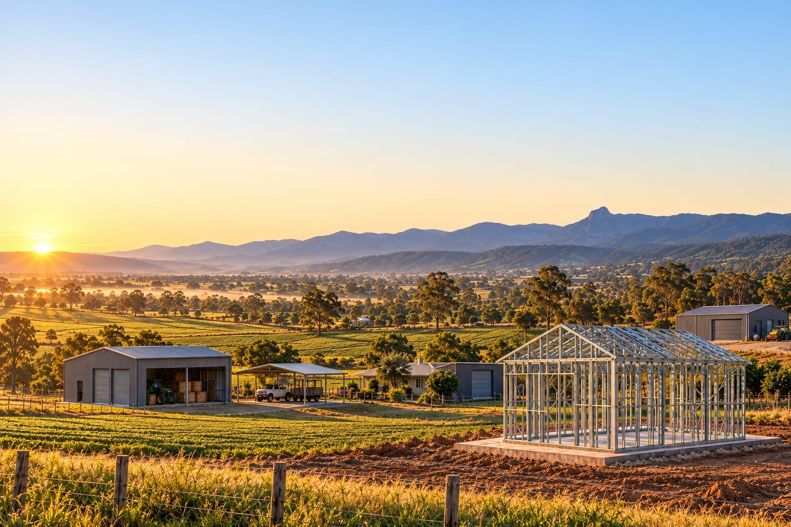 Illustration: the Lockyer Valley at first light, with a farm hay shed, a carport beside a farmhouse, a dark steel shed, a steel house frame on a slab and an industrial shed in the distance