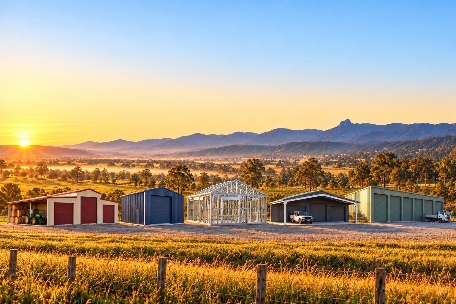 Illustration: the Lockyer Valley at first light with five steel structures side by side: a cream barn-style farm shed with red roller doors and a hay bay, a navy blue shed, a silver steel house frame with roof trusses on a concrete slab, a charcoal garaport with an open awning, and a long pale green industrial shed