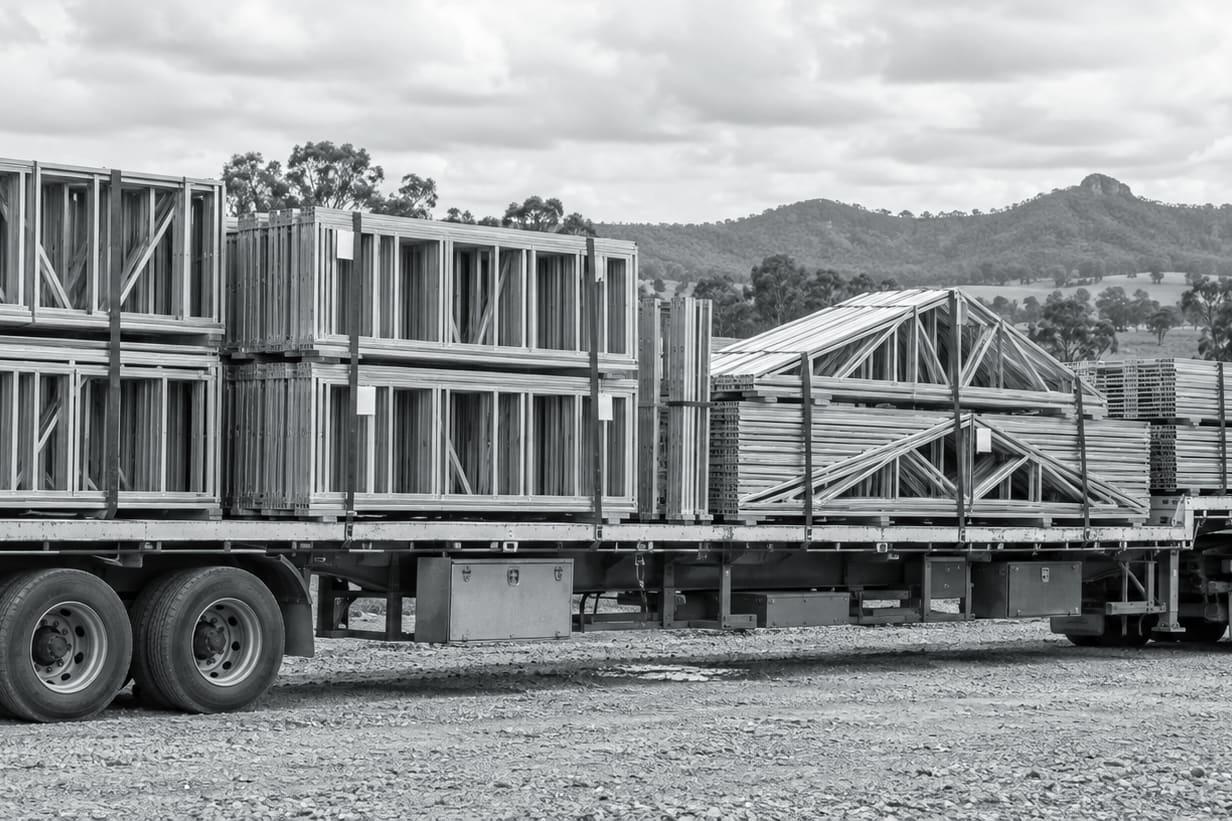 Illustrative image: a truck loaded with bundled galvanised steel frames on a rural Queensland road