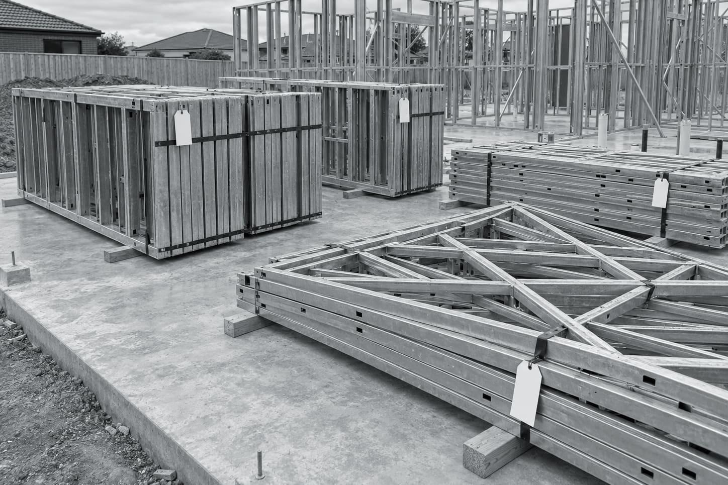 Illustrative image: packed bundles of labelled galvanised steel wall frames and trusses ready for delivery