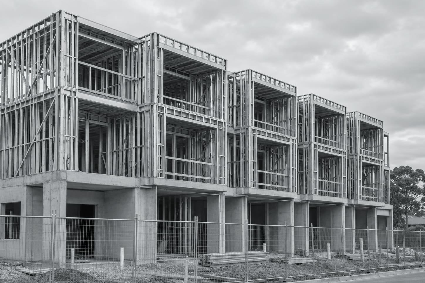 Illustrative image: light gauge steel framing on a low-rise multi-residential building