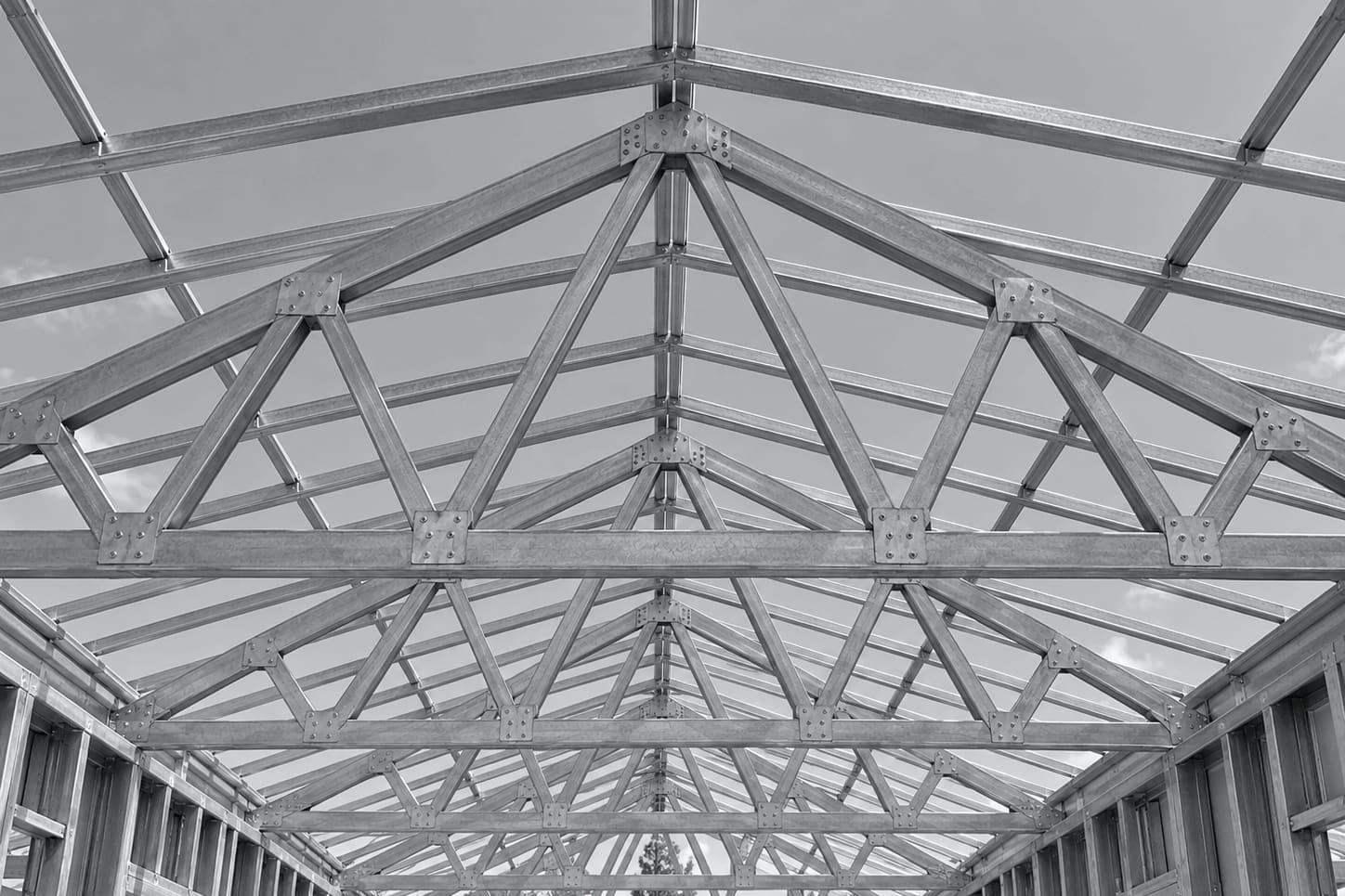 Illustrative image: galvanised steel roof trusses installed at regular spacing above steel wall frames