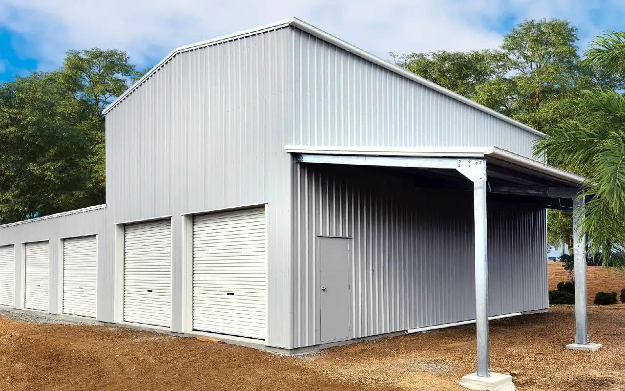 Zincalume barn-style shed with roller doors and a large open bay